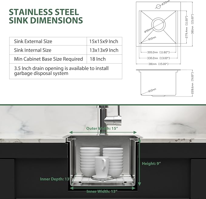 15 Inch Drop In Bar Sink Wet Bar RV Sink 16 Gauge Stainless Steel Single Bowl Handmade Small Kitchen Sink 15"x15"x9"