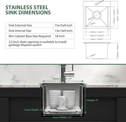15 Inch Drop In Bar Sink Wet Bar RV Sink 16 Gauge Stainless Steel Single Bowl Handmade Small Kitchen Sink 15"x15"x9"