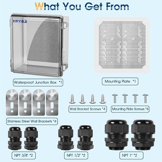 Waterproof Outdoor Project ABS Plastic Junction Box IP67 Weatherproof Dustproof Enclosure with Hinged Cover, Mounting Plate,Wall Brackets for Power Project (Clear, 11.8"x11.8"x7.1")