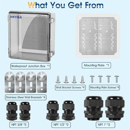 Waterproof Outdoor Project ABS Plastic Junction Box IP67 Weatherproof Dustproof Enclosure with Hinged Cover, Mounting Plate,Wall Brackets for Power Project (Clear, 11.8"x11.8"x7.1")