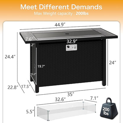 45in Fire Table, Propane Fire Pit with Glass Wind Guard and Rain Cover, Outdoor Firepit Table 50000 BTU 3-in-1 Fire Table for Patio/Yard/Balcony, Gray Tabletop
