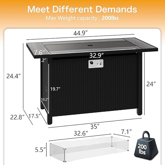 45in Fire Table, Propane Fire Pit with Glass Wind Guard and Rain Cover, Outdoor Firepit Table 50000 BTU 3-in-1 Fire Table for Patio/Yard/Balcony, Gray Tabletop
