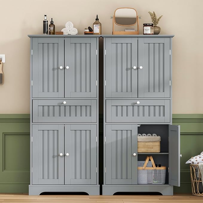 ChooChoo 51" H Bathroom Floor Cabinet with Drawers and Adjustable Shelves | Bathroom Storage Cabinet, Freestanding Kitchen Pantry Cupboard with 4 Doors for Living Room, Grey