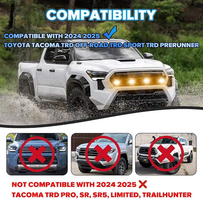 4-in-1 RGB Front Grill Lights Fit for Tacoma TRD Sport/Off-Road 2024 2025 | APP Control, 8 Lighting Modes, with Fuse Adaptor, LED Grille Light Bar Compatible with Tacoma TRD Sport/Off-Road/Prerunner