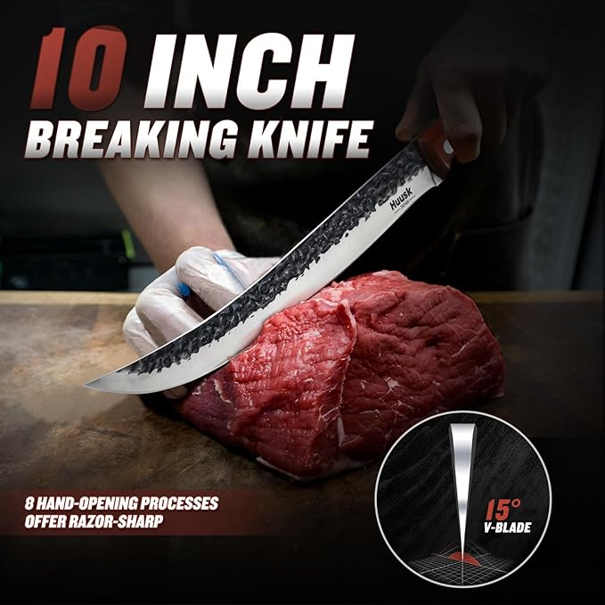 Huusk Breaking Knife 10 Inch-Hand Forged Carving Knives for Meat Japanese Cimeter Curved Blade Butcher Knives Professional with Leather Sheath for Camping Outdoor BBQ