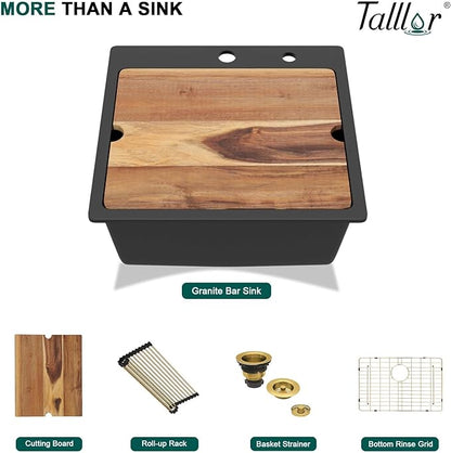 21 Inch Drop In Bar Sink - Matte Black Granite Composite Workstation Single Bowl Small Prep Wet Sink with All-In One Gold Accessories & Cutting Board for RV, Kitchen Bar, and Boat#TLGT-130