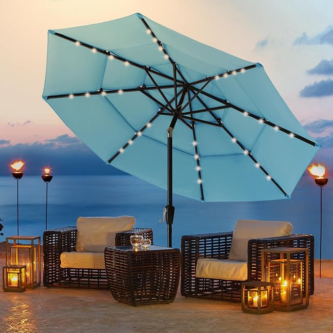 ABCCANOPY 3-Tiers 11FT Solar Patio Umbrella, Outdoor Umbrella with 32 LED Lights for for Deck, Pool, Garden, Backyard (Turquoise)