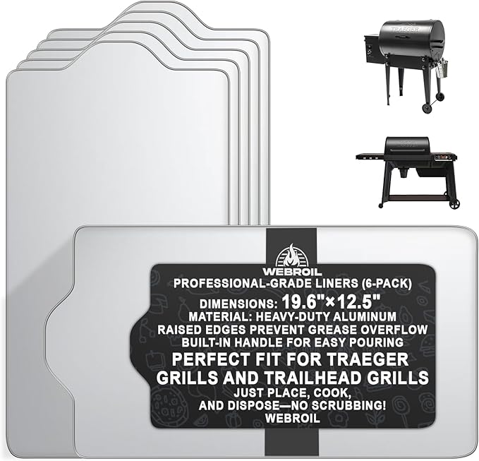 6 Packs BAC408 Drip Tray Liners for Traeger Tailgater 20 Series Grills, Heat-Resistant Foil Liners Replacement for Traeger Tailgater Accessories, Aluminum Tray for Catching Grease 19.6" x12.5"
