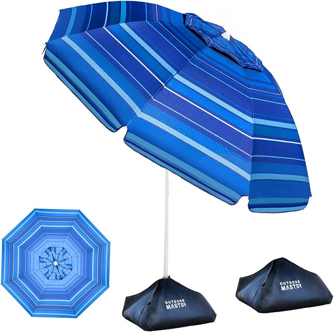 OutdoorMaster 7.2ft Beach Umbrellas for Sand with Sandbag & Anchor | 7.2ft Adjustable Umbrella for Beach, Wind Resistant, Portable UPF50+ Sunshade with Carry Bag for Patio