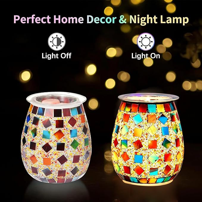 Dicimi Stained Glass Wax Warmer – Candle Lamp with Timer (2/4/8/10H+24H Cycle), Adjustable Heat/Light, 2-in-1 Melter & Night Light, Gift for Mom