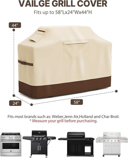 Vailge Grill Cover for Outdoor Grill, 58-inch Waterproof BBQ Cover,600D Heavy Duty Gas Grill Cover, UV & Dust & Rip & Fading Resistant,Suitable for Weber, Brinkmann, Char Broil Grills and More,Beige