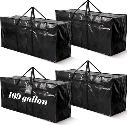 4 Pcs 169 Gallon Extra Large Moving Bags Heavy Duty Storage Bag with Strong Zipper Handle Foldable XXL Jumbo Storage Tote Packing Moving Box for College Dorm Travel Cloth Duffle (Black)
