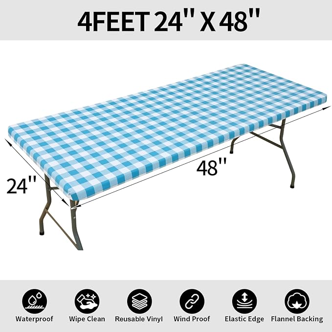 Smiry Rectangle Picnic Table Cloth, Elastic Waterproof Fitted Vinyl Tablecloths, Flannel Backed Buffalo Plaid Table Covers for Dining, Camping, Outdoor (White and Aqua, 24" x 48")