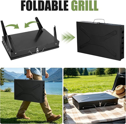 Portable Charcoal Grill, Small Foldable BBQ Suitcase Grill with Storage Shelf, Barbecue Grill for Outdoor Camping Picnics Garden Backyard Patio Parties, 16.7"×10"×17.7"