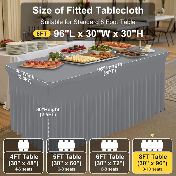 Smiry 2 Pack Spandex Elastic Fitted Table Cloth Skirt for 8FT Table | Stretch Washable Table Cloth, Banquet Table Cover for Wedding, Party, Indoor & Trade Shows, (Grey, 96Lx30Wx30H)