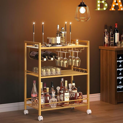 Joaxswe Bar Cart,3-Tier Home Bar Serving Cart with Lockable Wheels,Gold | Microwave Cart,Mobile Kitchen Shelf,Rolling Beverage Cart with Wine Rack and Glass Holder for Kitchen,Dinning Room
