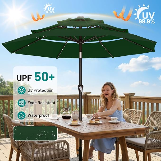 AreShark 9ft 3 Tiers Patio Umbrella with Solar Lights, Outdoor Umbrella w/ 32 LED Lights&8 Sturdy Ribs, Table Umbrella for Deck, Backyard, Pool (Dark Green)