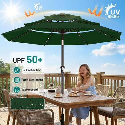 AreShark 9ft 3 Tiers Patio Umbrella with Solar Lights, Outdoor Umbrella w/ 32 LED Lights&8 Sturdy Ribs, Table Umbrella for Deck, Backyard, Pool (Dark Green)