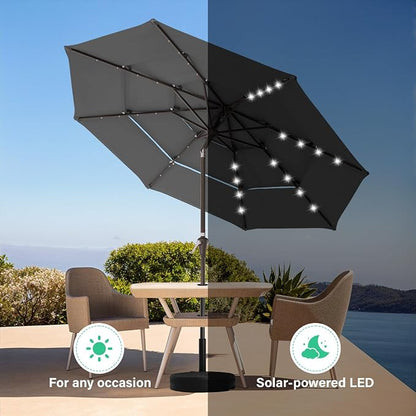 JEAREY 9 ft 3-Tier Outdoor LED Lighted Patio Umbrella w/Crank, Gray | Solar Market Table Umbrella with 8 Sturdy Ribs, UV Protection Waterproof Sunproof for Garden, Deck and Backyard