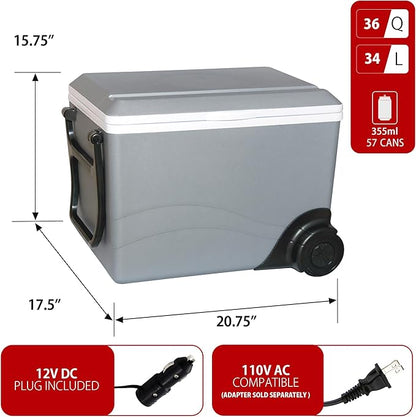 Koolatron Thermoelectric Iceless 12V Cooler/Warmer 36 qt (34 L) w/Wheels, Portable Electric Rolling Car Fridge w/ 12 Volt DC Power Cord, Gray/White, Travel Road Trips Camping, Made in North America