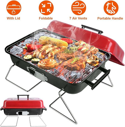Portable Barbecue Grill with Lid, Small Charcoal Grill for Outdoor Cooking Folding Barbecue Grill with Vent System Table Top BBQ Grill for Camping Backyard Patio Picnic
