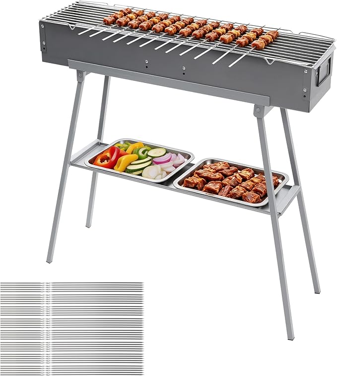 Portable Charcoal Grill with 36PCS Stainless Steel Kabob Skewers, Heavy Duty BBQ Grill with Folding Legs and 31.6x7.1" Cooking Area, Kebab Grill for Outdoor Backyard Picnic Camping Party