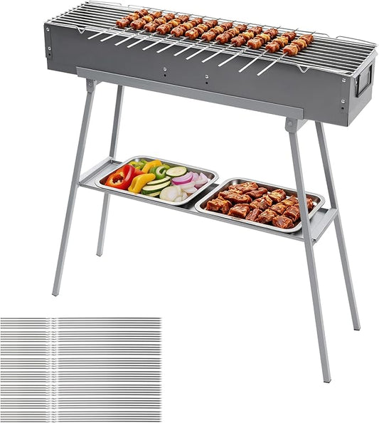 Portable Charcoal Grill with 36PCS Stainless Steel Kabob Skewers, Heavy Duty BBQ Grill with Folding Legs and 31.6x7.1" Cooking Area, Kebab Grill for Outdoor Backyard Picnic Camping Party