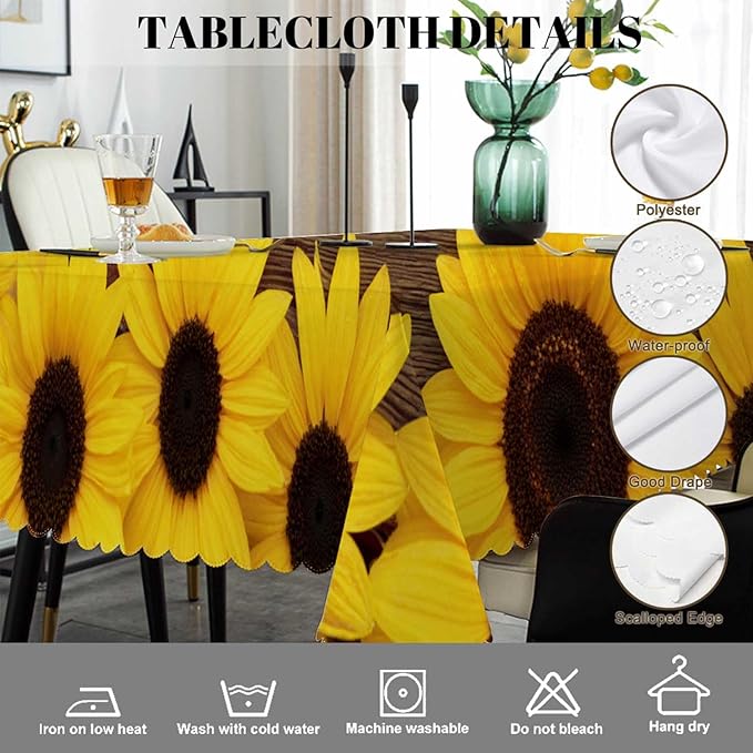 Swono Tablecloth 52"X70" Sunflowers, Garden Sunflowers Wooden Board Rectangle Table Cover Anti-Oil Tablecloth for Dining Tables, Parties, Wedding and Banquet Decoration