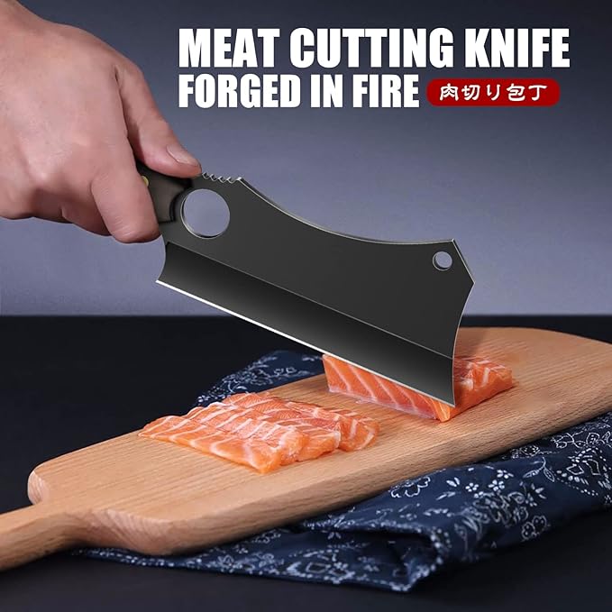 ROCOCO Butcher Meat Cleaver Knife - Hand Forged Meat Cutting Knife with Sheath Outdoor BBQ Camping Birthday Christmas Gift Idea Men Black 5.9"