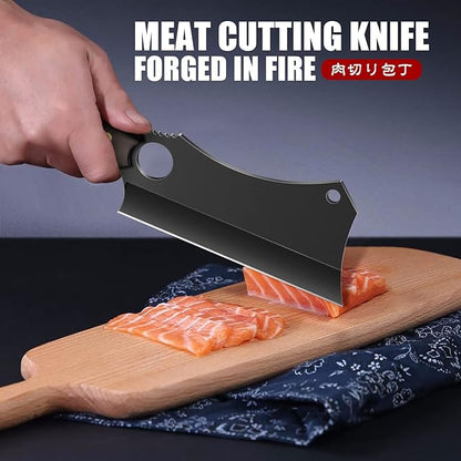 ROCOCO Butcher Meat Cleaver Knife - Hand Forged Meat Cutting Knife with Sheath Outdoor BBQ Camping Birthday Christmas Gift Idea Men Black 5.9"