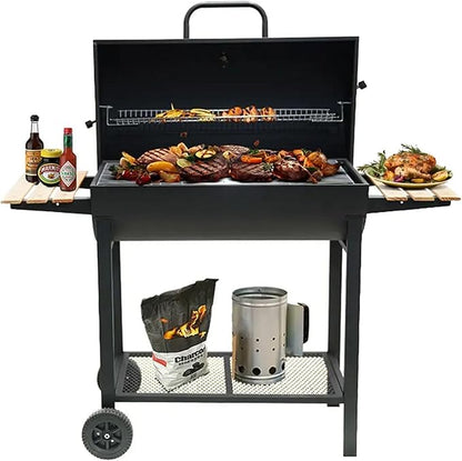 Charcoal Portable BBQ Grill with Wooden Shelf and Wheels, 49.2 in (125 cm) Wide
