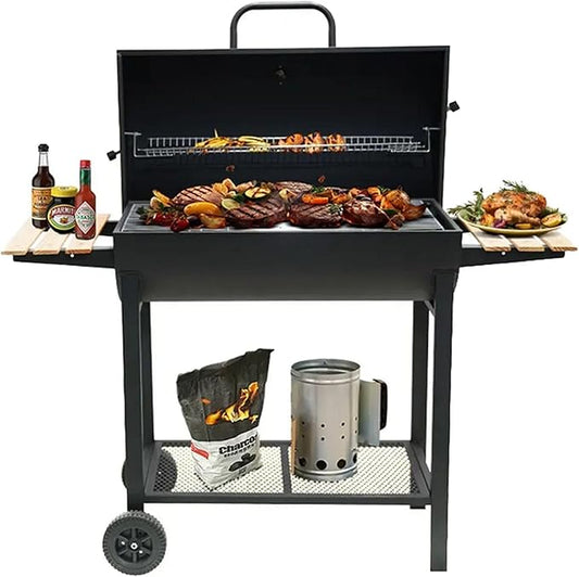 Charcoal Portable BBQ Grill with Wooden Shelf and Wheels, 49.2 in (125 cm) Wide