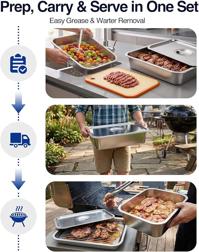 Pro 6 in 1 Grill Prep Tray and Carry System, Large Grilling Prep and Serve Tays with Lid and Cutting Board, Deep Meat Marinating Container as BBQ Grilling Gift, Pro Series, XL