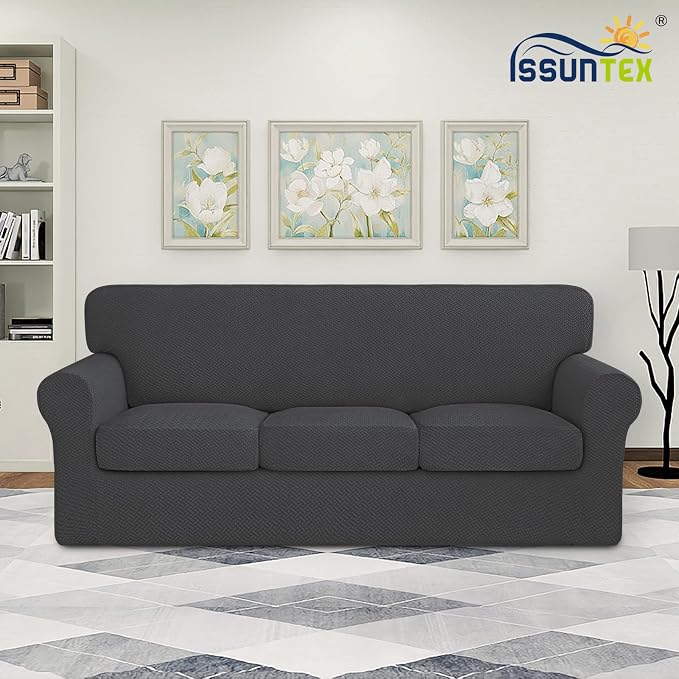 ISSUNTEX 4 Pieces High Stretch Thicken Couch Covers, Soft Sofa Slipcover for 3 Separate Cushion , Jacquard Fabric Elastic Furniture Protector for Dogs (Sofa, Dark Gray)