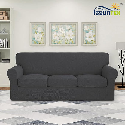 ISSUNTEX 4 Pieces High Stretch Thicken Couch Covers, Soft Sofa Slipcover for 3 Separate Cushion , Jacquard Fabric Elastic Furniture Protector for Dogs (Sofa, Dark Gray)