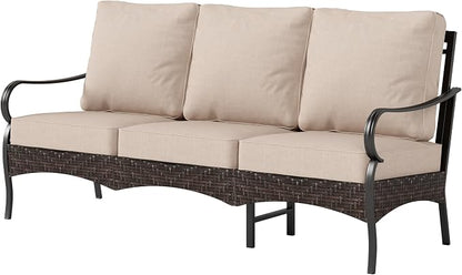 PHI VILLA Wicker & Metal Outdoor Patio Couch,3-Seat Patio Sofa with Deep Seating for Front Porch, Deck, Balcony, Backyard, Sunroom，Beige