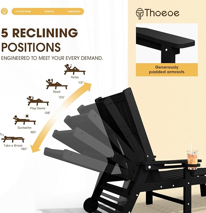 THOEOE Patio Chaise Lounge Chair, Oversized Lounge Chair Outdoor with 5 Positions, 78″ Long, HDPE, Patio Lounge Chair with Wheels & Cup Holder for Pool, Deck, Poolside,Black