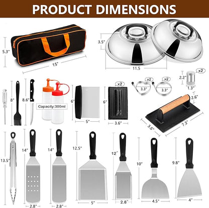 25Pcs Griddle Accessories Kit for Blackstone, Joyfair Stainless Steel Flattop Grilling Spatula Accessory Tools Set with Smash Burger Press Basting Cover for Outdoor BBQ Hibachi Cooking (PP Handle)