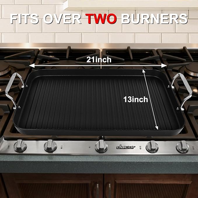 21" x 13" Cast Iron Griddle Pan, Pre-Seasoned Double Burner Griddle Pan with Stainless Steel Handle, Ribbed Surface, Oven Safe for Gas Ceramic Electric Stove, BBQ Camping Indoor Outdoor