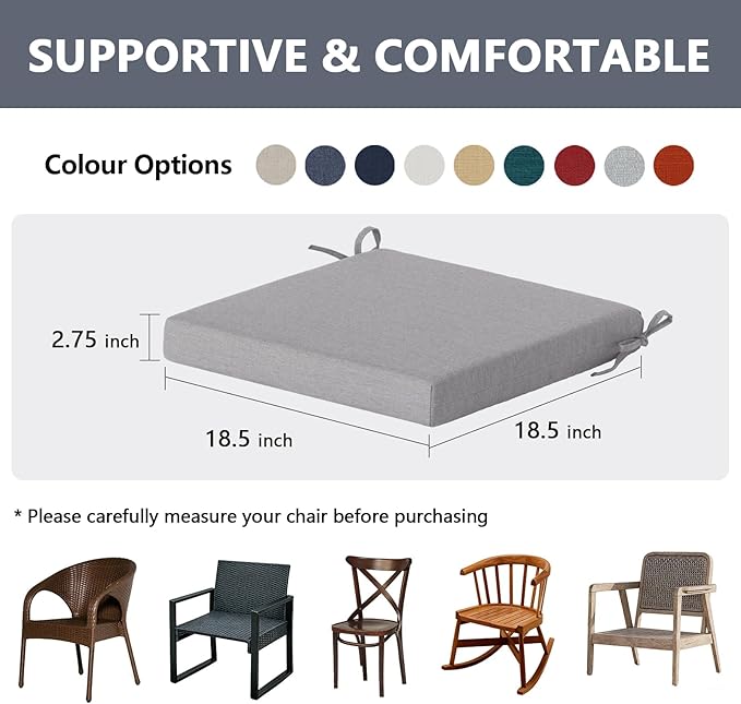 Goodgoods 18.5 x 18.5 Outdoor Chair Cushions Set of 4, Fade-Resistant & Water-Resistant Patio Seat Cushion Pads with Ties, 30D High-Resilience Foam for Dining Room Kitchen Chairs, Stone Gray