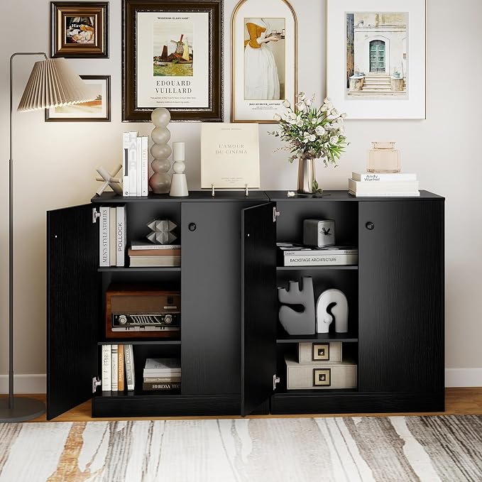 GIANTEX 2 Door Storage Base Cabinet (Black) | 3-Tier Base Cabinet with Non-Slip Foot Pads, Kitchen Cupboard Storage Organizer for Living Room, Hallway, Entryway, Office