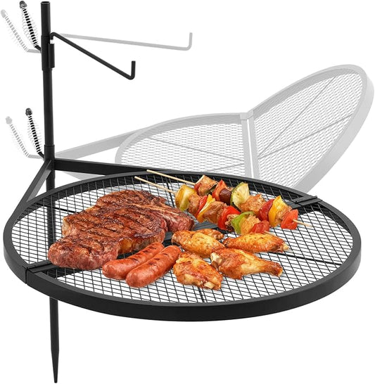 24" Fire Pit Campfire Grill Grate, Foldable Open Fire Cooking Grill Grate Portable Round Camping Cooking Barbecue Rack Heavy-duty, Easy Setup & Adjustable Height for Outdoor Camping BBQ