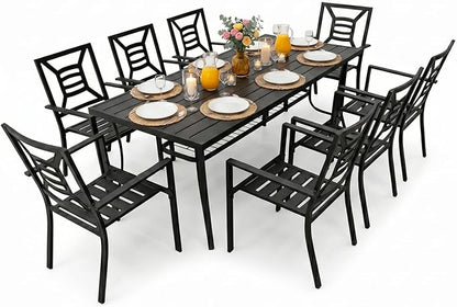 Outdoor Patio Dining Sets 9 Pieces, Large 77" Rectangular Metal Dining Table with Umbrella Hole & 8 Stackable Chairs, Weather Resistant Garden Furniture Set for Backyard, Deck, Porch