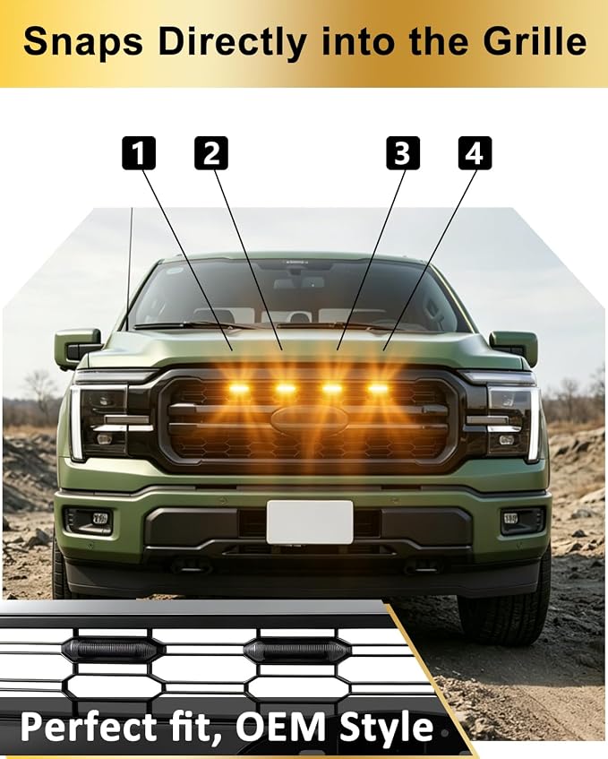 Front Grill Raptor Lights for Ford F150 2024 2025 2026 (Yellow, Lariat) | 5th Gen F150 Grille Marker Lights, Waterproof F150 LED Lights Accessories, Snap-in Installation, OEM Style, Off-road Driving