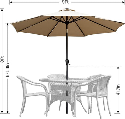 9' Round Patio Umbrella with 32 Solar Powered LED Lights, Push-Button Tilt and Hand Crank Lift, Solar Umbrella in Taupe for Porch, Deck, and Patio by Sun-Ray