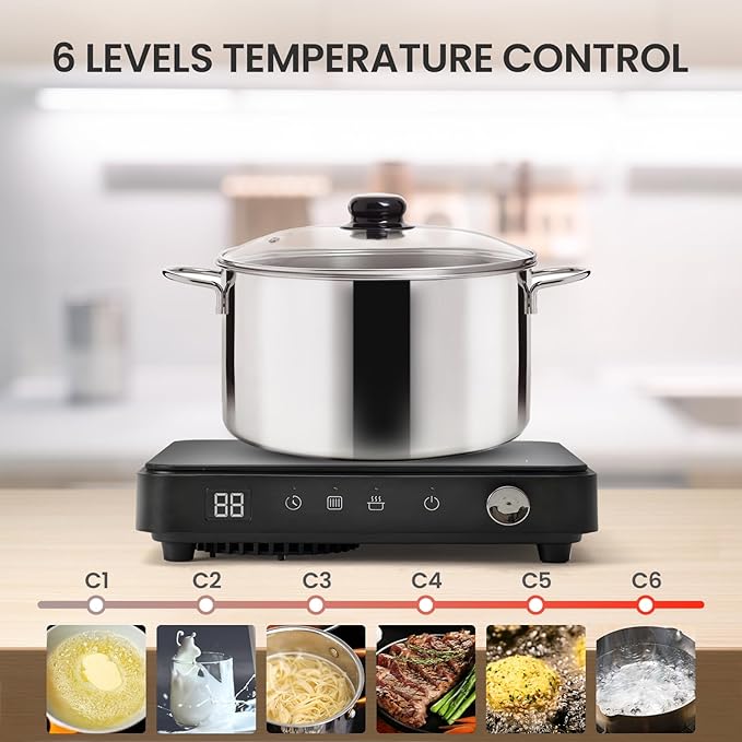 Portable Induction Cooktop, 1500W Induction Cooktop with 6 Temperature 8 Power Settings, 99 Minutes Timer, Including 8L Cast Iron Cooking Pot and Cast Iron Pan