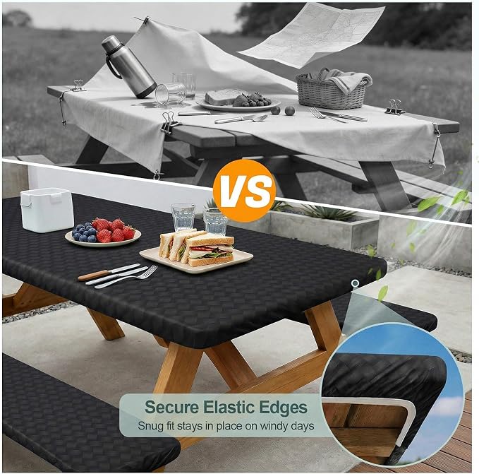 Picnic Table Cover with Bench Covers Camping Essentials Waterproof Windproof Camping Tablecloth with Drawstring Bag, Fitted Rectangle Tables and Seats, 96in, Black