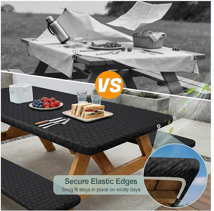 Picnic Table Cover with Bench Covers Camping Essentials Waterproof Windproof Camping Tablecloth with Drawstring Bag, Fitted Rectangle Tables and Seats, 96in, Black