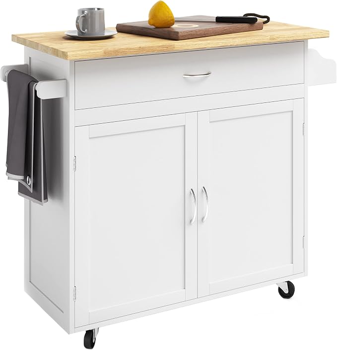 Lavish Home Mobile Kitchen Island with Spice Rack & Storage Cabinet, White | Rolling Cart with Drawers for Coffee Bar, Adjustable Shelves, Towel Rack, Counter Space, Microwave Stand with Storage Shelves