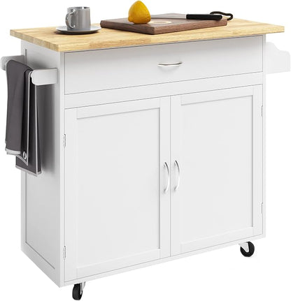 Lavish Home Mobile Kitchen Island with Spice Rack & Storage Cabinet, White | Rolling Cart with Drawers for Coffee Bar, Adjustable Shelves, Towel Rack, Counter Space, Microwave Stand with Storage Shelves